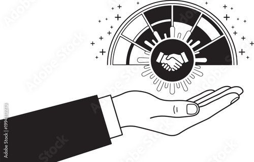Hand offering handshake symbol in radiating circle