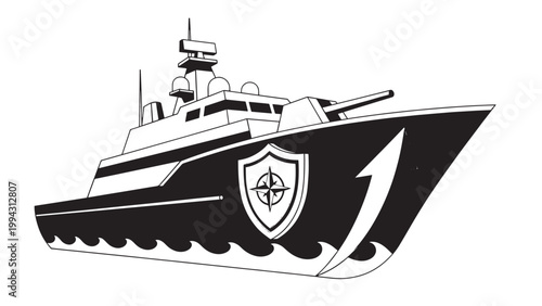 Large Modern Yacht with Shield Logo and Multiple Decks in Black and White.