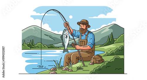 Content fisherman wearing a hat and overalls sits by a peaceful mountain lake while successfully catching a large fish on his rod and line.
