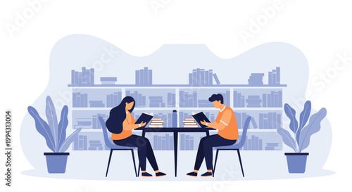 Two students sit at a table and focus on reading books in a quiet library with large bookshelves filled with many volumes in the background.