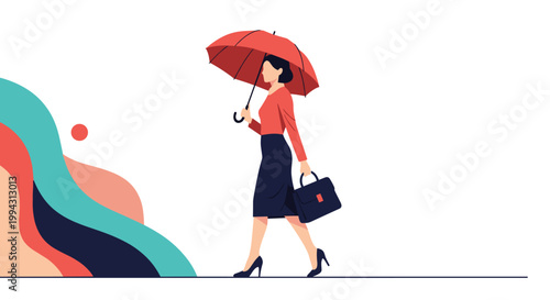 Professional businesswoman walks confidently with a red umbrella and a black briefcase against a minimalist white and colorful background.