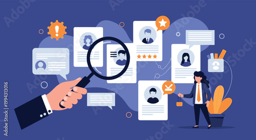 Large hand holds a magnifying glass over various candidate profiles to represent a thorough recruitment and talent search process.