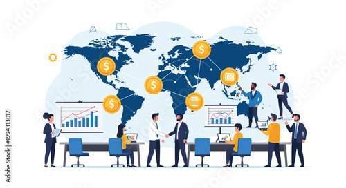 Global business concept showing diverse professionals meeting and collaborating around a world map with connected dollar coin icons.