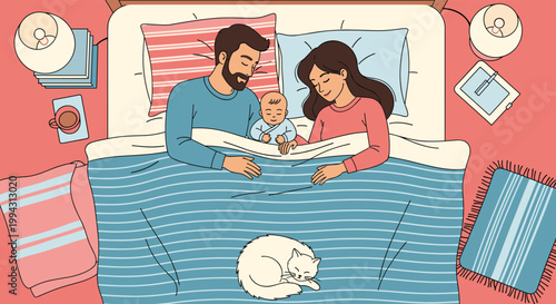 Happy parents, a young baby, and a white cat sleep peacefully together in a large comfortable bed with cozy blankets and pillows.