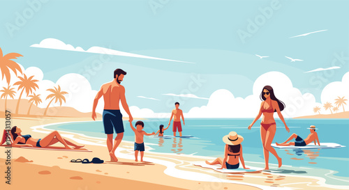 Diverse group of people relax and enjoy a sunny day on a beautiful tropical beach with palm trees, white sand, and clear blue ocean water.