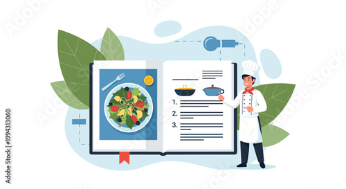 Friendly professional chef in a white uniform points to a large open cookbook featuring a healthy salad recipe and cooking instructions.
