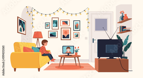 Small boy sits on a yellow sofa in a cozy living room while participating in a video call on a laptop placed on a coffee table.