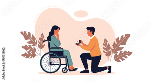 Romantic man kneels down and proposes to a woman in a wheelchair with a ring box in a soft, stylized setting with autumn leaf decorations.