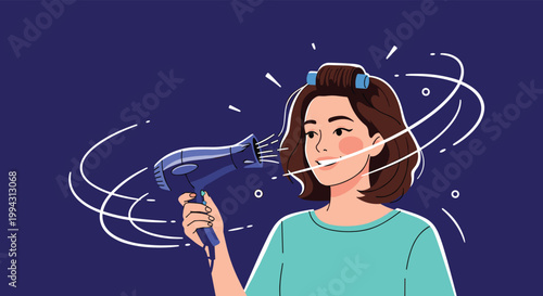 Young woman uses a blue hair dryer to style her hair while wearing a roller, set against a dark blue background with abstract wind lines.