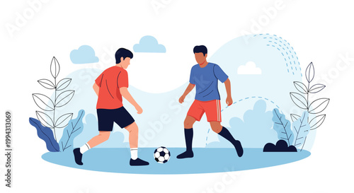 Two young men play a game of soccer on a field surrounded by white clouds and abstract plants in a clean vector illustration style.