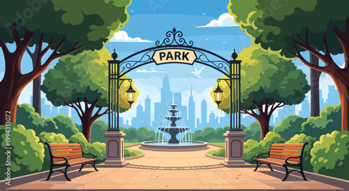 Beautiful city park entrance features a decorative wrought iron gate labeled park, a tiered water fountain, wooden benches, and a city skyline.
