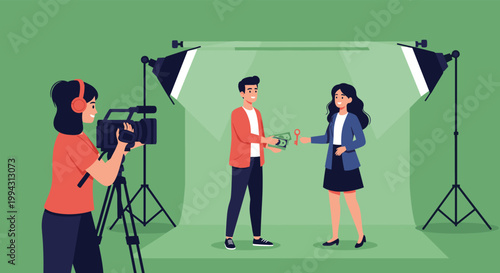 Film production crew records a scene in a studio where a man hands over cash and a key to a woman under bright professional stage lighting.