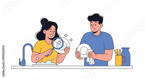 Happy couple works together in a bright kitchen to wash and dry dishes, sharing chores in a positive and cooperative domestic setting.