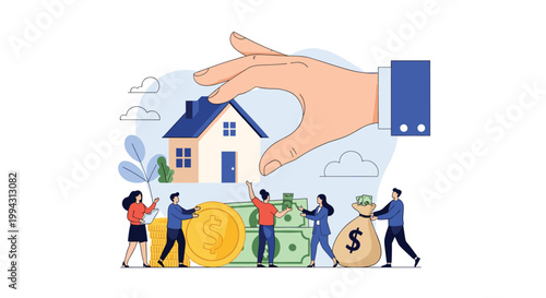 Giant hand provides protection over a small house while tiny people manage finance icons like gold coins, money bags, and stacks of cash.