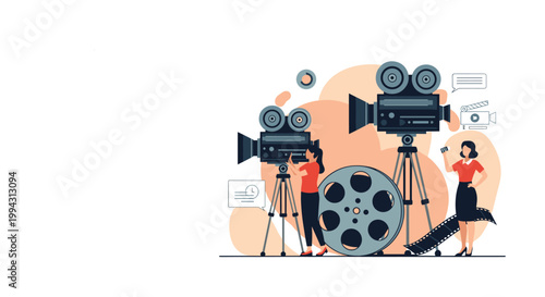 Professional film production set features cameras on tripods, film reels, and a female assistant ready to use a clapperboard for a new scene.