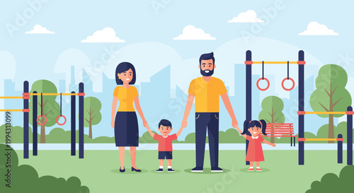 Smiling parents hold hands with their two young children while standing in a sunny park near a playground with various exercise equipment.