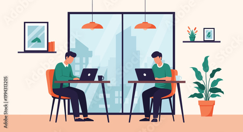 Two men work on their laptops at separate desks in a modern office space with a large window overlooking a city skyline during the day.