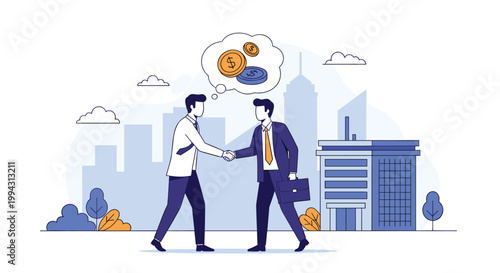 Two successful businessmen in suits shake hands in front of a modern office building while thinking about a profitable financial deal.