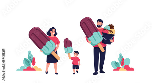 Happy family members hold giant ice cream bars and a bucket of scoops, celebrating a fun and sweet summer treat in a whimsical style.