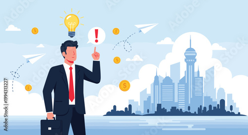 Inspired businessman holding a briefcase stands in front of a city skyline while a glowing lightbulb appears above his head as a new idea.