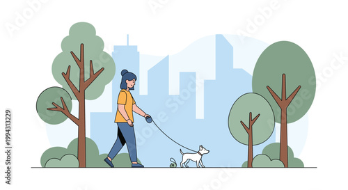 Young woman walking her small white dog on a leash through a green city park with an urban skyline in the background.