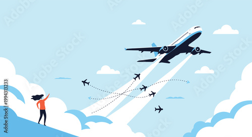 Woman standing on a hill watching several airplanes taking off and flying in different directions across a clear blue sky with white clouds.