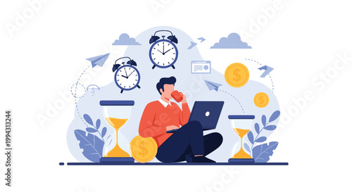 Focused man sits on the floor with a laptop while surrounded by time management and financial icons like clocks, hourglasses, and coins.