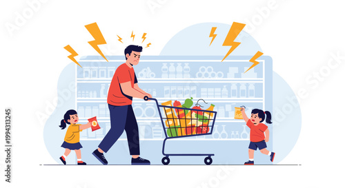 Stressed father pushes a full shopping cart through a grocery store aisle while his two young children demand snacks and create chaos.