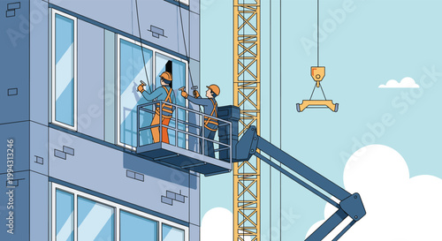 Construction workers wearing safety gear and helmets performing maintenance on the exterior facade of a modern high-rise building from a lift.