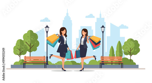 Two successful businesswomen carrying colorful shopping bags while walking through a scenic urban city park with tall buildings in background.