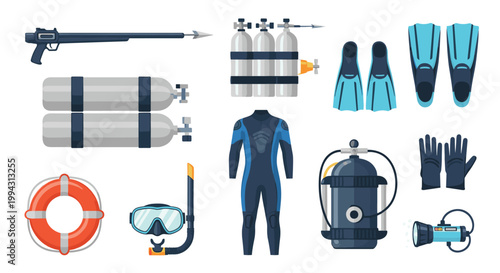 Comprehensive collection of professional scuba diving equipment including wetsuit, oxygen tanks, fins, mask, and underwater spear gun.