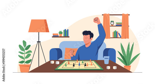 Happy man raising his fist in celebration while playing a board game in a cozy living room with shelves and plants.