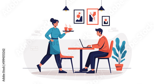 Professional waitress serving coffee to a man working on his laptop at a table in a modern and stylish cafe interior.