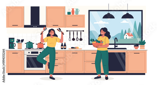 Two cheerful women preparing a healthy meal together in a bright, modern kitchen with large windows and garden views.