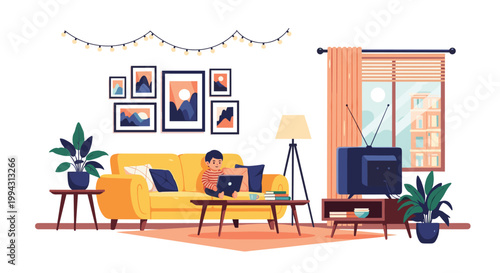 Young boy sitting comfortably on a yellow sofa in a modern living room while using a laptop for study or entertainment.