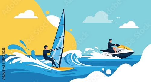 Two active individuals enjoying water sports with one windsurfing and another riding a jet ski on waves under a sunny sky.