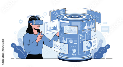 Professional woman wearing a virtual reality headset interacting with complex data visualizations and holographic charts in a futuristic environment.