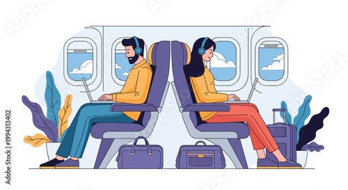 Man and woman sitting in airplane seats and working on their laptops during a flight with clear sky visible through windows.