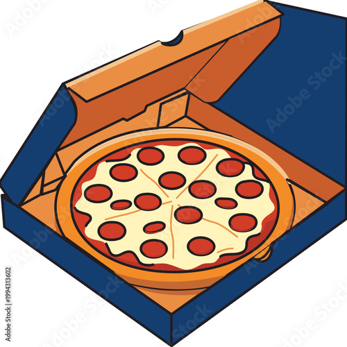 Pepperoni Pizza in Open Cardboard Delivery Box Vector Illustration. A detailed flat-style vector of a classic pepperoni pizza inside an open orange and blue cardboard delivery box. High angle view. 
