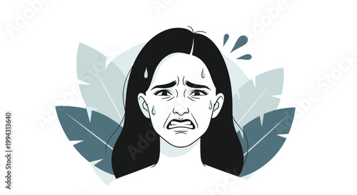 Portrait of a stressed and anxious young woman with sweat on her face against a backdrop of green tropical leaves.