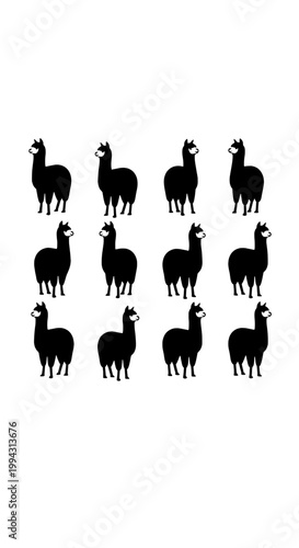 Llamas illustration set with black silhouettes and various poses featuring animals, herd, icons with vector and graphics elements for design, art