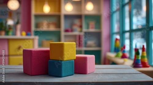 Colorful Foam Blocks in a Bright, Playful Child's Room with Shelves and Natural Light Streaming Through Windows