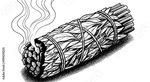 Cigarette smoke doodle with hand drawn sketch lines, curling vapor trails and textured shading on white background