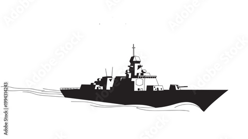 Military Navy Ship Sailing in Open Waters Under Clear Sky.