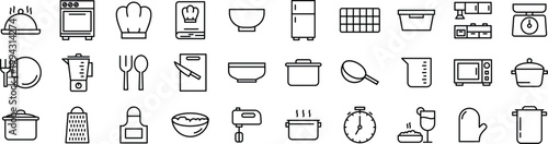 Kitchen and Cooking Line Icons Set Minimal Outline Style for Food Preparation, Restaurant, Culinary Tools and Home Kitchen Equipment line icon