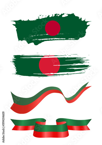 Bangladesh flag brush strokes and ribbons set, green and red national symbols vector, artistic paint splatter and wavy banner collection