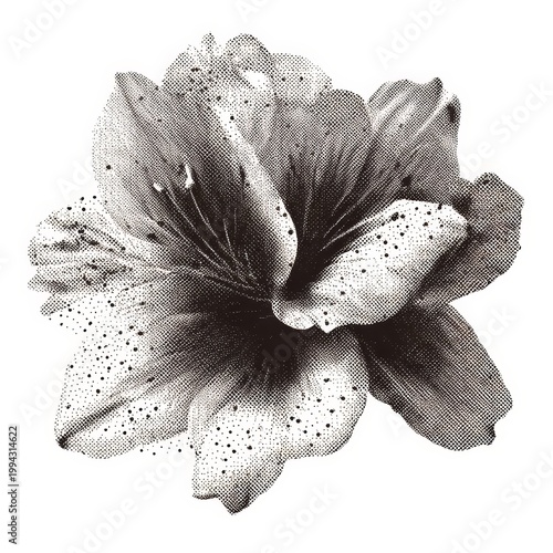 Monochrome halftone illustration of a blooming flower with textured dot pattern on white background.