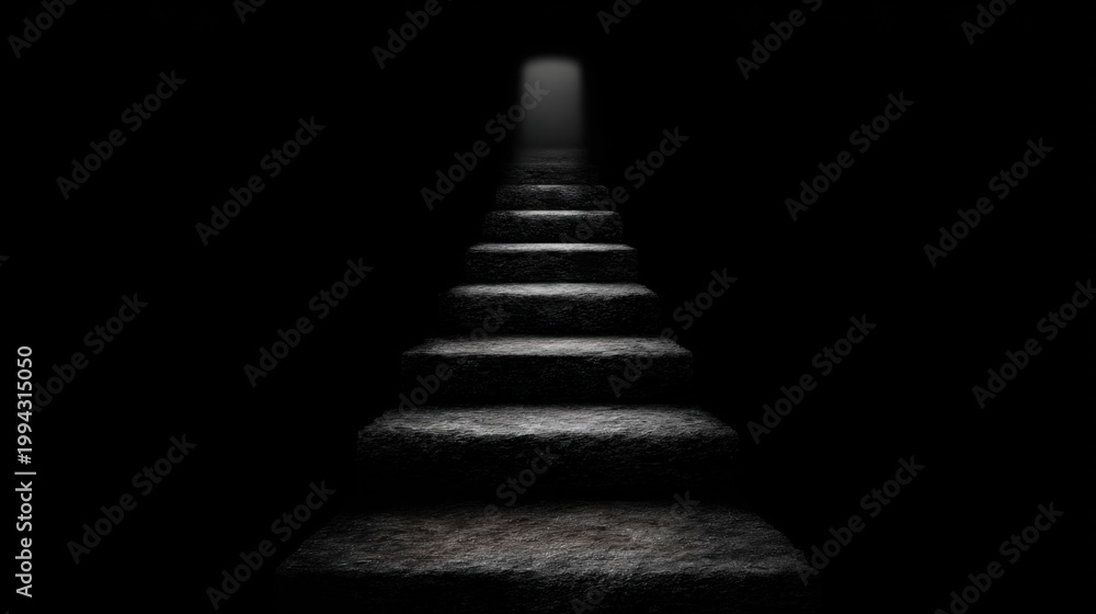 Fototapeta premium Mysterious Dark Stairs Leading to Bright Light at the End of a Tunnel in an Abandoned Space