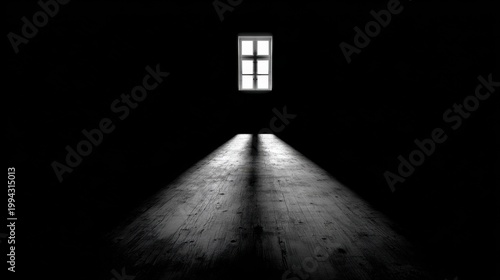 Schilderij op canvas Dark Room with Single Window and Shadows Creating Mysterious Atmosphere in Black
