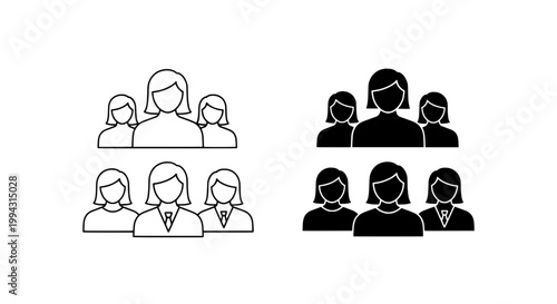 People group icon showing male and female silhouettes with business suits and office avatar style for teamwork branding